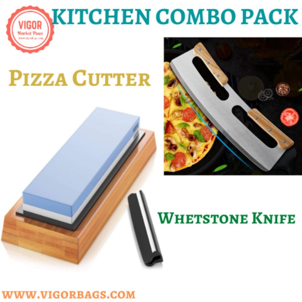 Pizza Cutter Rocker with Wooden Handles & Japanese Whetstone Knife Combo Pack